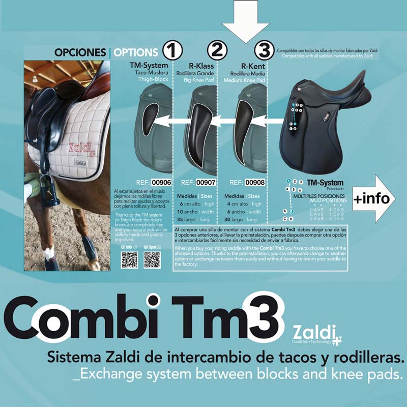 Sistema Combi Tm3 para selins Zaldi com tacos e rodilhas intercambiáveis em couro preto