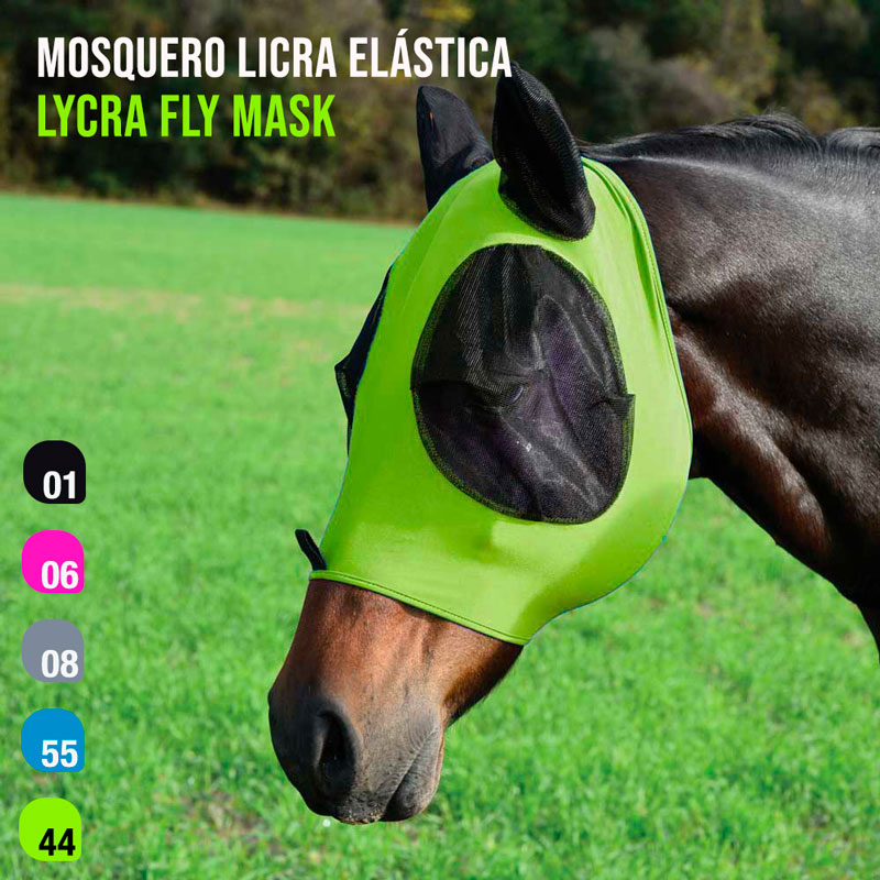 Máscara elástica para cavalo em licra verde fluorescente com malha preta para olhos e nariz