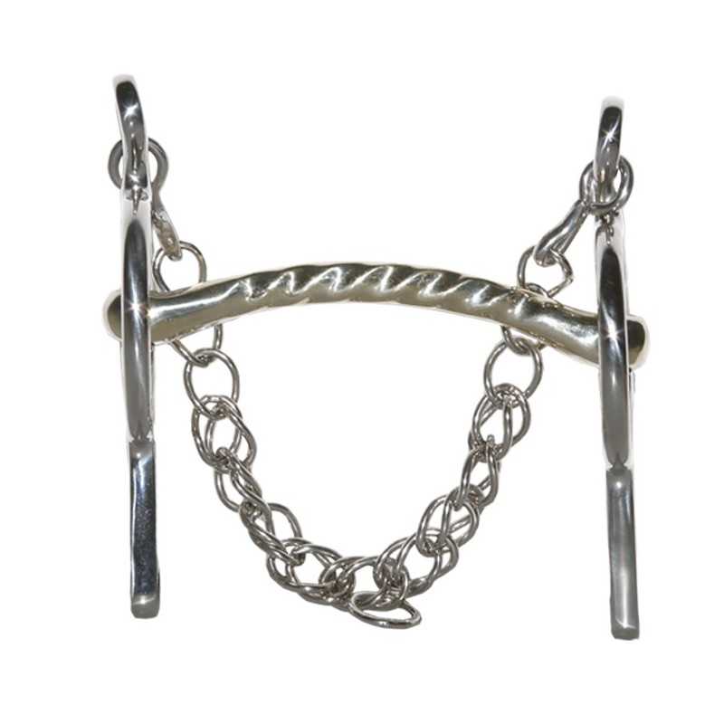 Freio metálico prateado com barra torcida e correntes para cavalo