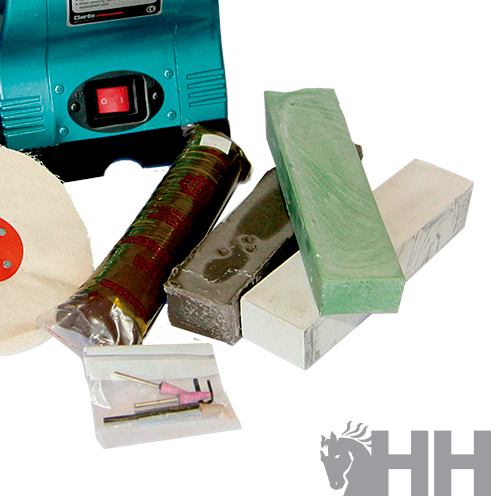 Ferramentas e materiais para polimento com polidor elétrico, discos e barras coloridas