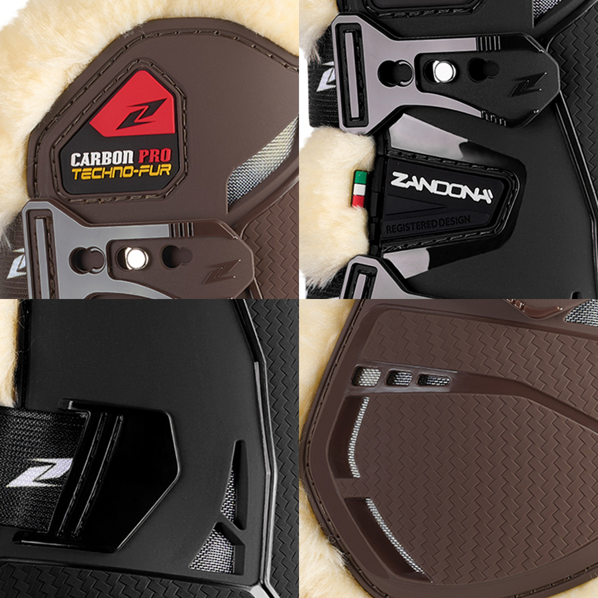 Detalhes de produto em material sintético e couro sintético castanho e preto com etiquetas e textura