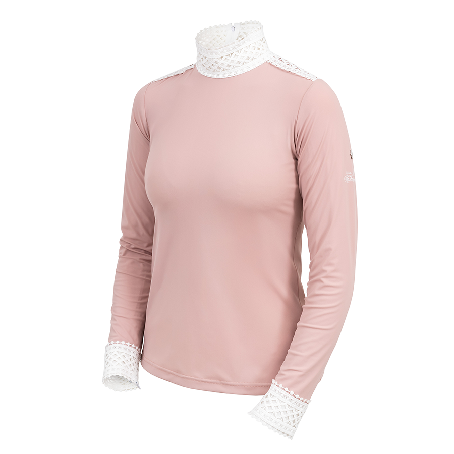 Camisola rosa feminina com renda branca na gola e punhos
