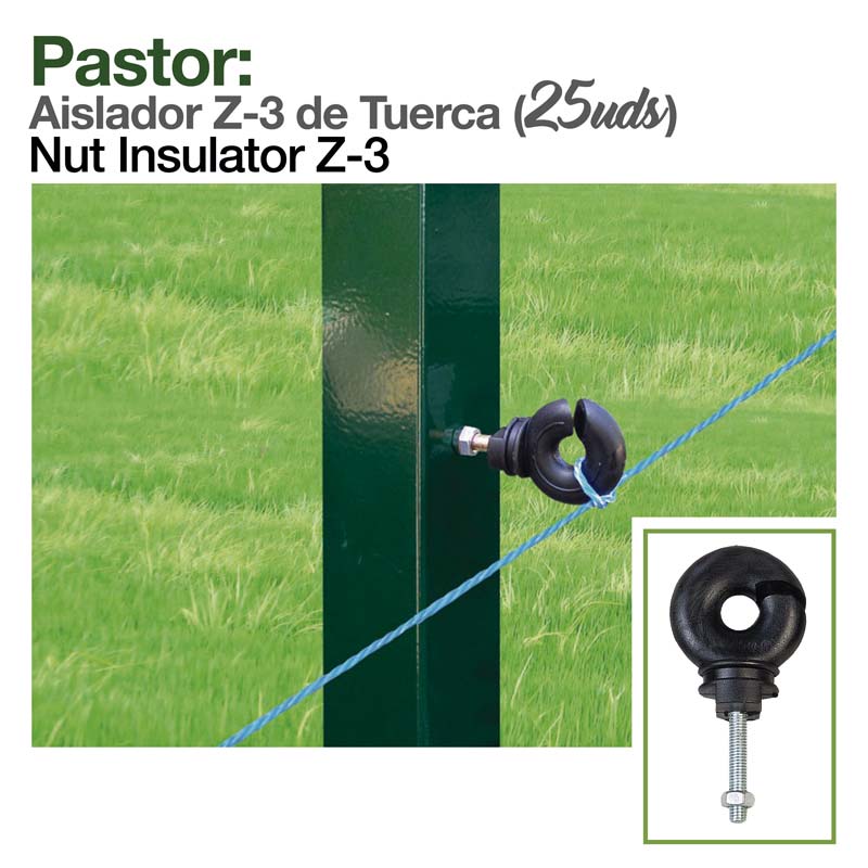 Isolador de porca preto com parafuso montado em cerca verde e texto descritivo