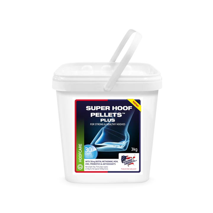 Recipiente branco com etiqueta de suplemento para cascos de cavalos