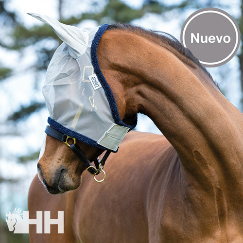 Máscara de proteção para cavalo com tecido branco e bordas azuis