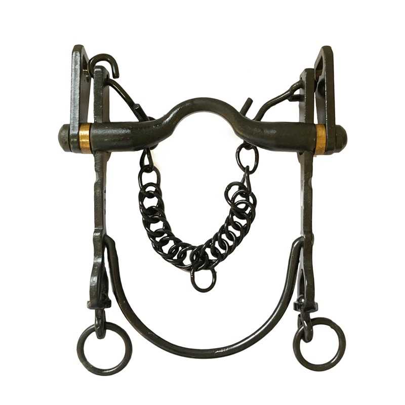Freio metálico negro com corrente e argolas para equitação