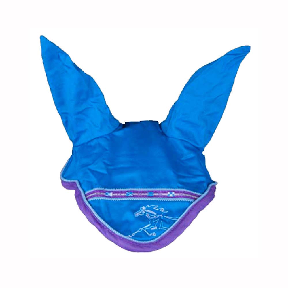 Chapéu azul para cavalo com orelhas altas e detalhes roxos