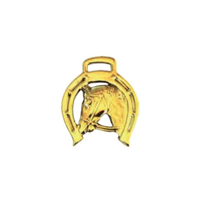Emblema dourado com ferradura e cabeça de cavalo