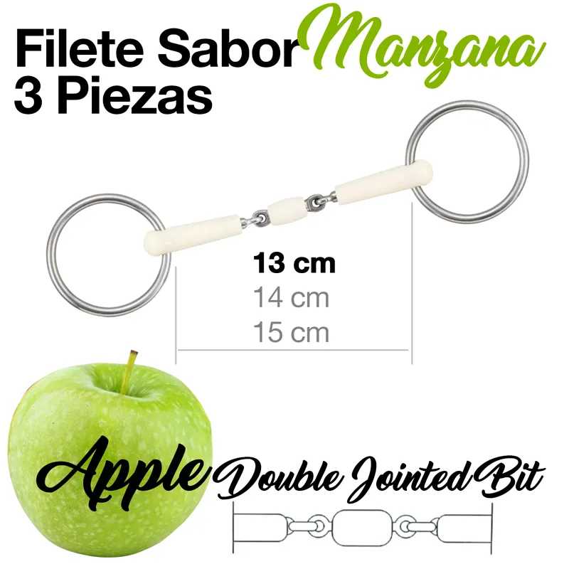 Embocadura dupla articulada para cavalo com sabor maçã, tamanhos 13-15 cm