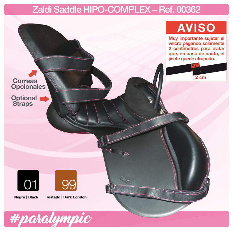 Sela preta Zaldi HIPO-COMPLEX com correias opcionais e texto informativo