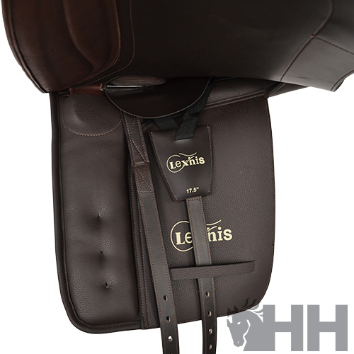Sela de equitação de couro castanho escuro com marca Lexhis e tamanho 17.5