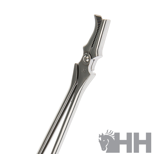 Pinça metálica prateada com dentes serrilhados e logotipo HH