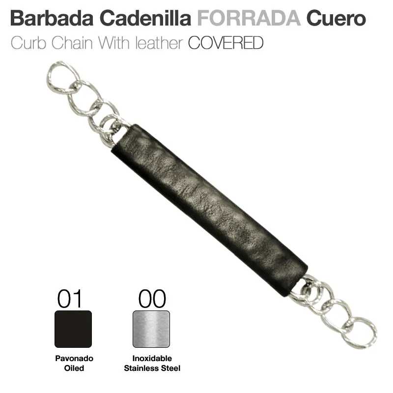Barbada Cadenilla forrada em couro preto com corrente de aço inoxidável prateado