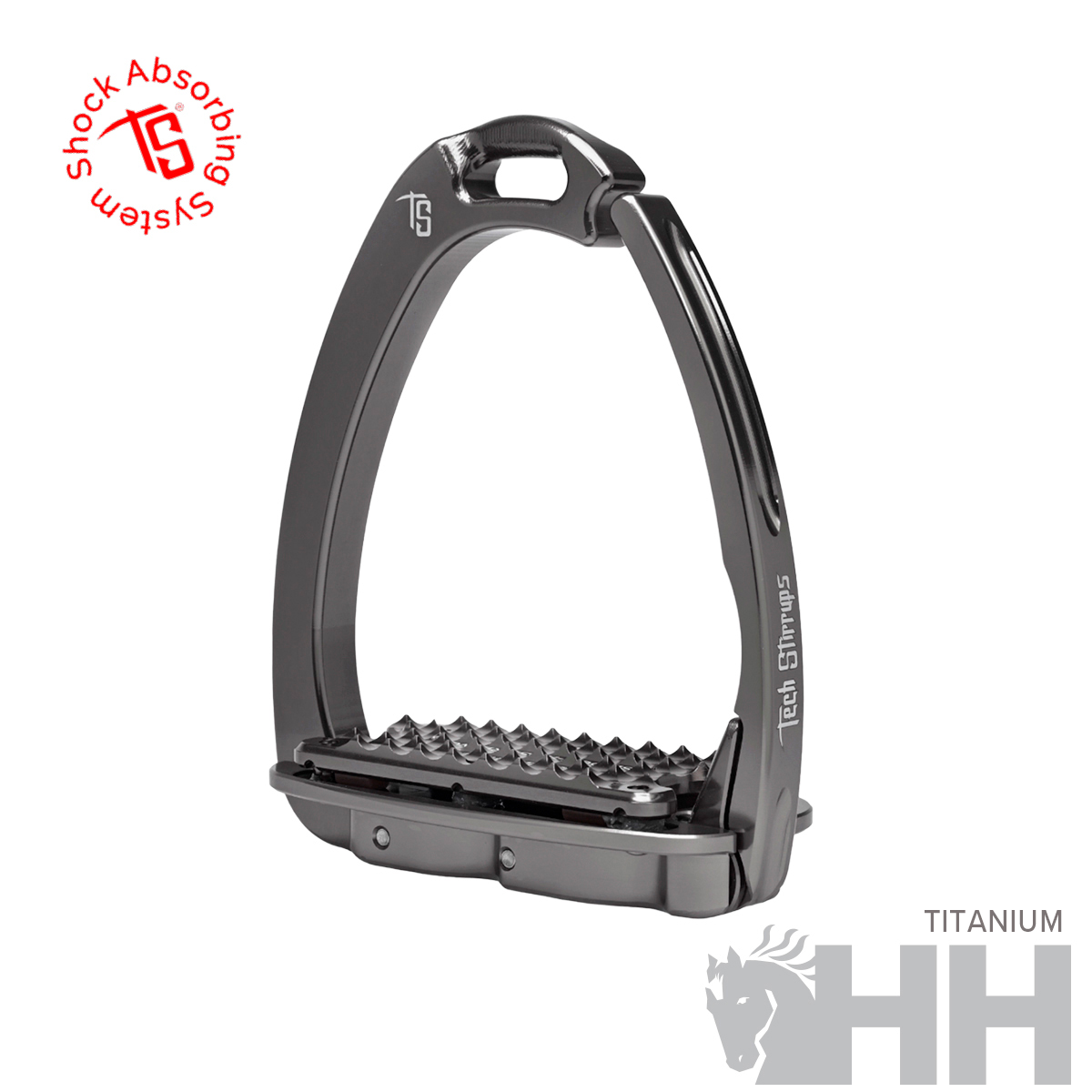 Estribo de equitação preto em titânio com base texturada e selo vermelho