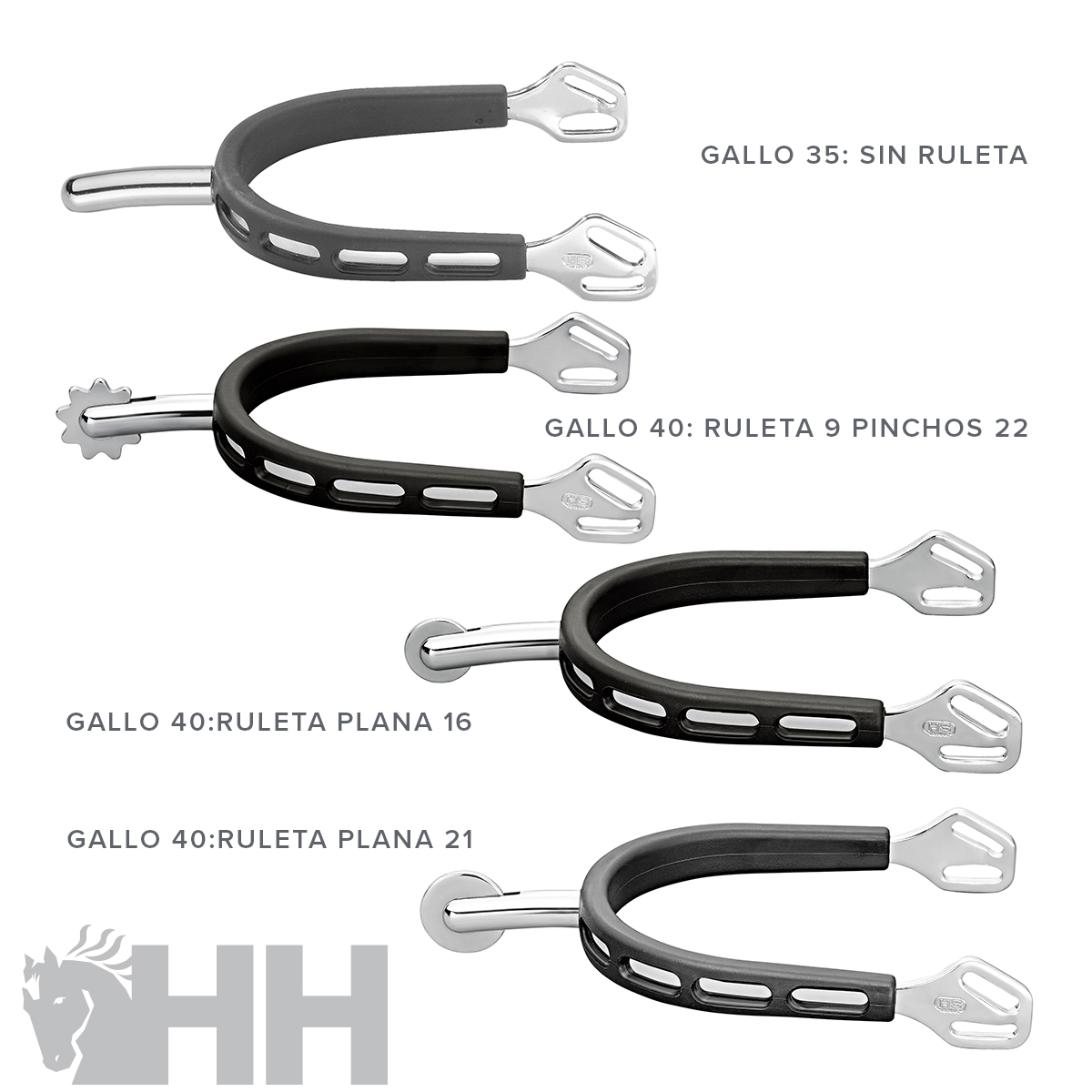 Quatro esporas metálicas com revestimento preto e texto descritivo ao lado, fundo branco