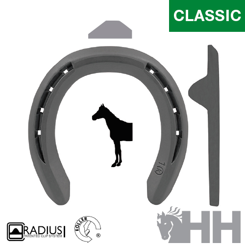 Ferradura clássica cinza HH com número 7 1/0 e logos