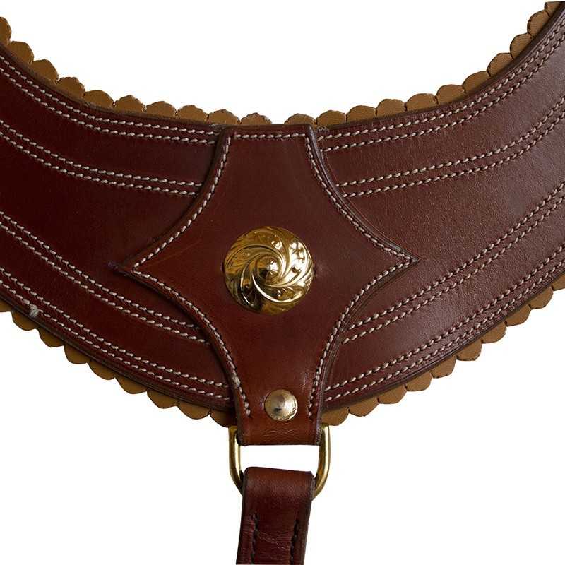 Acessório em couro castanho com botão dourado decorativo