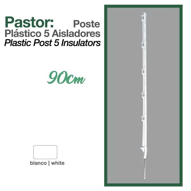 Poste isolador plástico branco 90 cm com 5 isoladores em fundo branco e moldura verde
