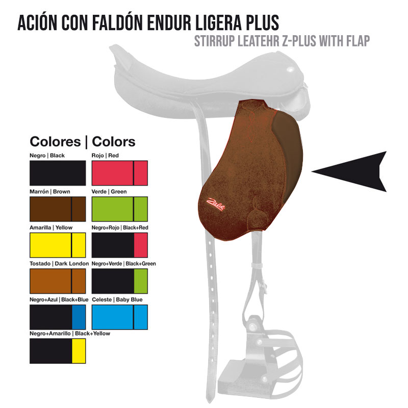 EStribo de sela com faldão em pele castanha e variedade de cores disponíveis mostradas em amostras coloridas