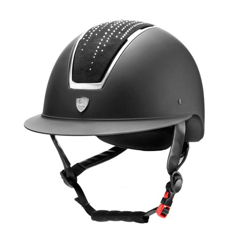 Capacete de equitação preto com detalhes prateados e pedras brilhantes
