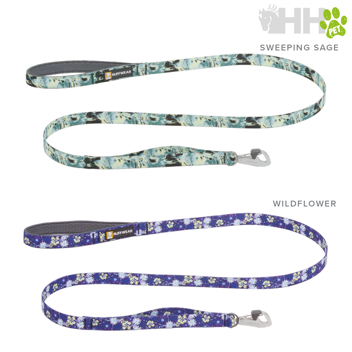 Duas trelas para cães com padrões florais e etiquetas Ruffwear