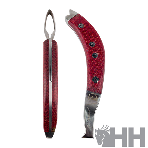 Ferramenta para equitação com cabo vermelho e lâmina metálica