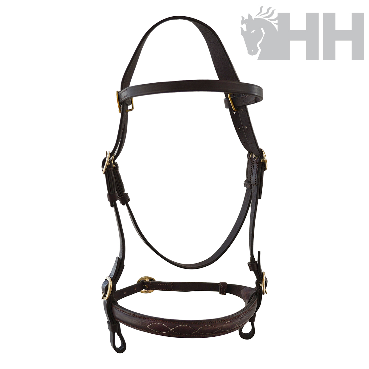 Cabresto de cavalo em pele castanha escura com detalhes dourados