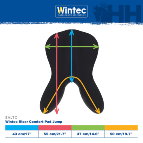 Almofada Wintec Riser Comfort Pad Jump preta com medidas e logo Wintec