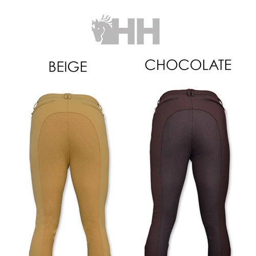 Duas calças de equitação bege e chocolate vistas por trás com logotipo HH e indicação das cores.
