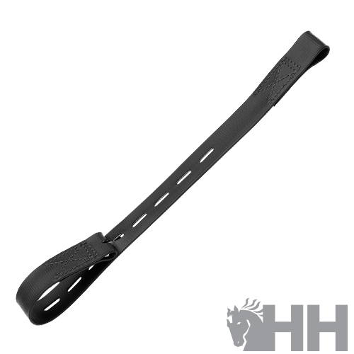 Correia preta de tecido e couro com furações, fundo branco com logo HH