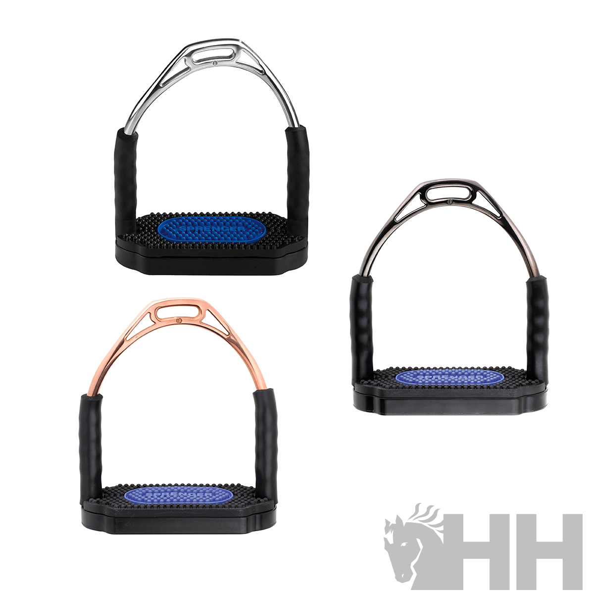 Três estribos de equitação em metal e borracha com base preta e detalhes azuis