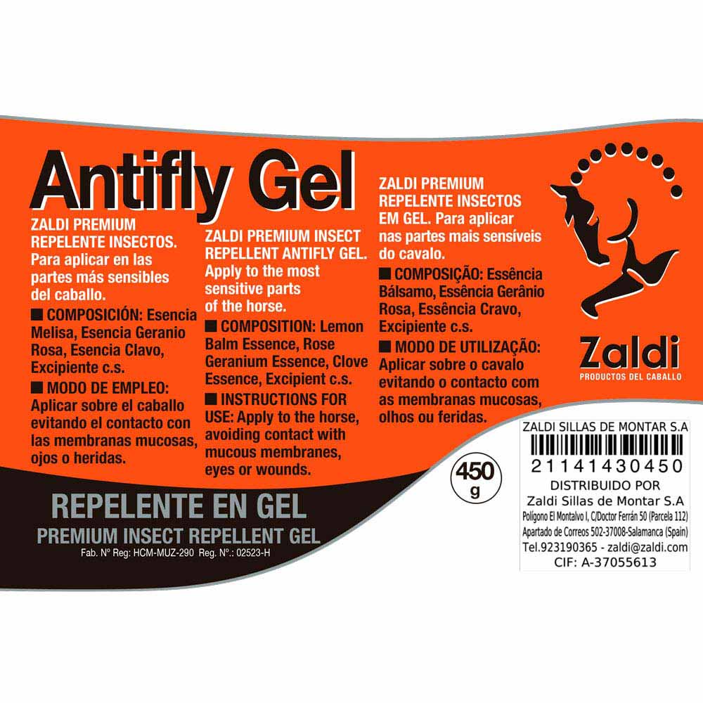 Rótulo de Antifly Gel repelente de insetos em gel para cavalos, da marca Zaldi, com informações de uso e composição em português e espanhol.