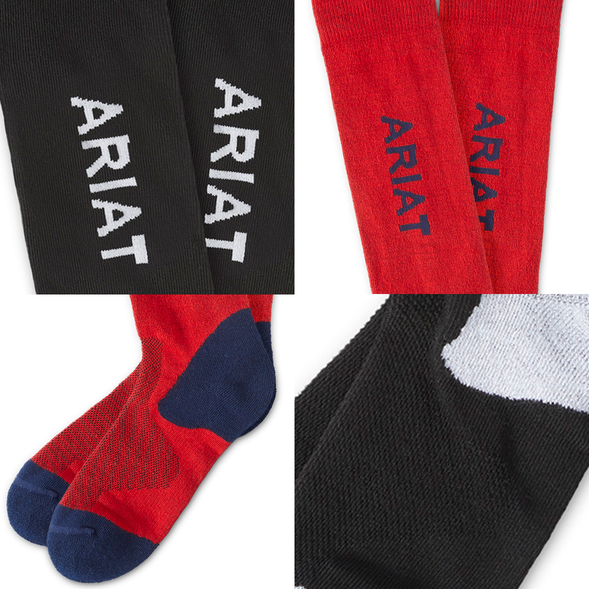 Meias pretas e vermelhas com texto ARIAT
