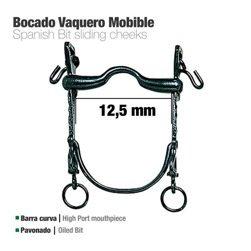 Bocado Vaquero Mobille preto com bochechas deslizantes e indicação 12,5 mm.