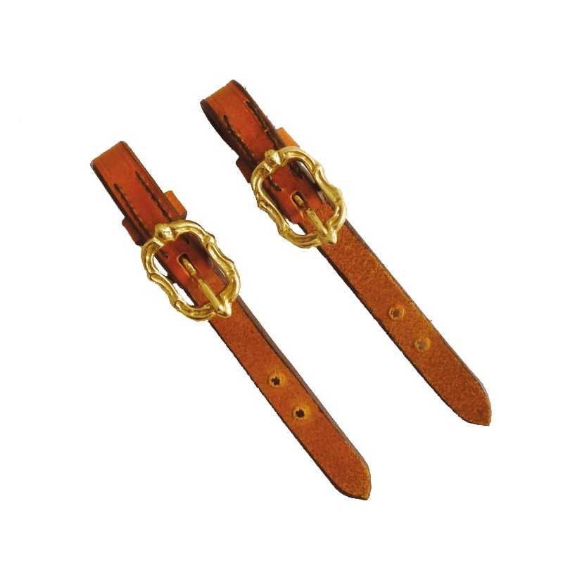 Tiras de couro castanho com fivelas douradas ornamentadas