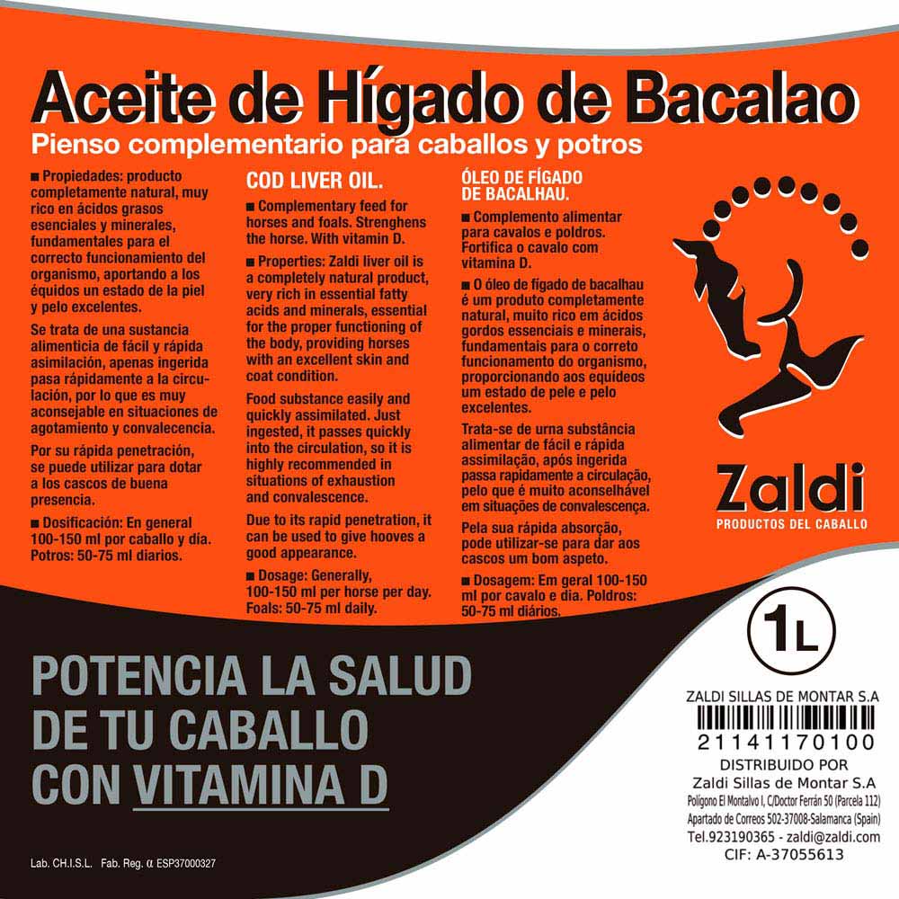 Etiqueta de óleo de fígado de bacalhau para cavalos com texto em três línguas e logótipo de cavalo