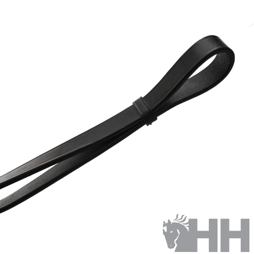 Correia preta de couro com textura lisa e logotipo HH no canto