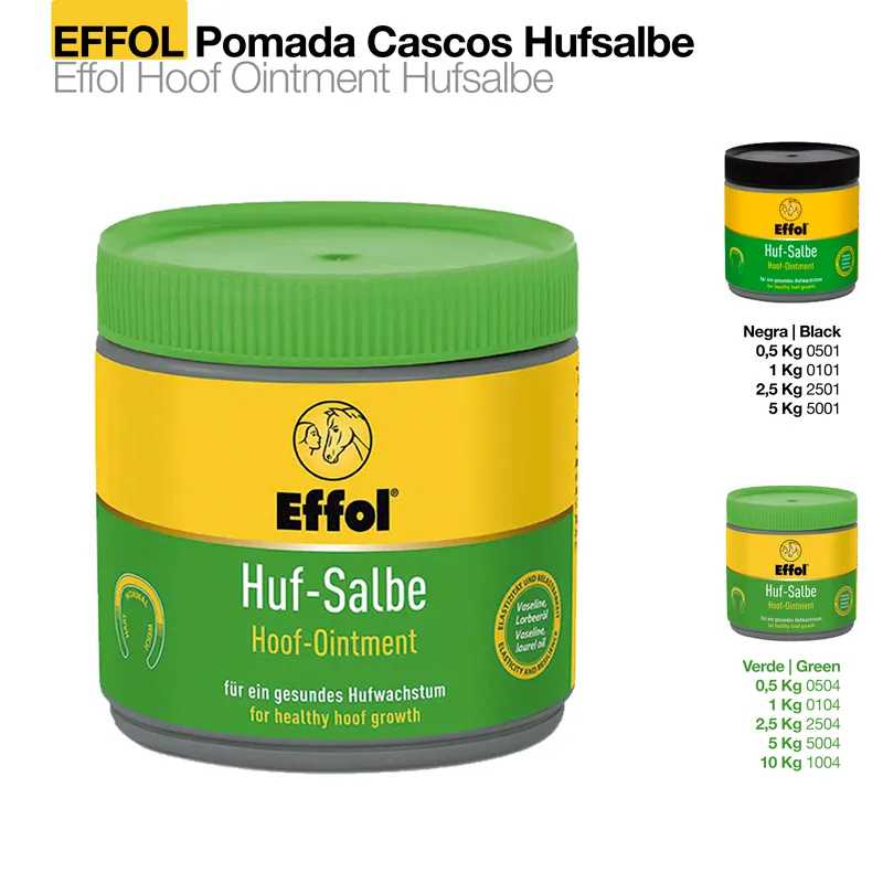 Pote plástico verde e amarelo da pomada Effol Huf-Salbe para cascos com texto em alemão e inglês