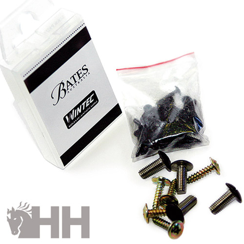 Parafusos metálicos com cabeça preta, saco plástico e embalagem branca com texto