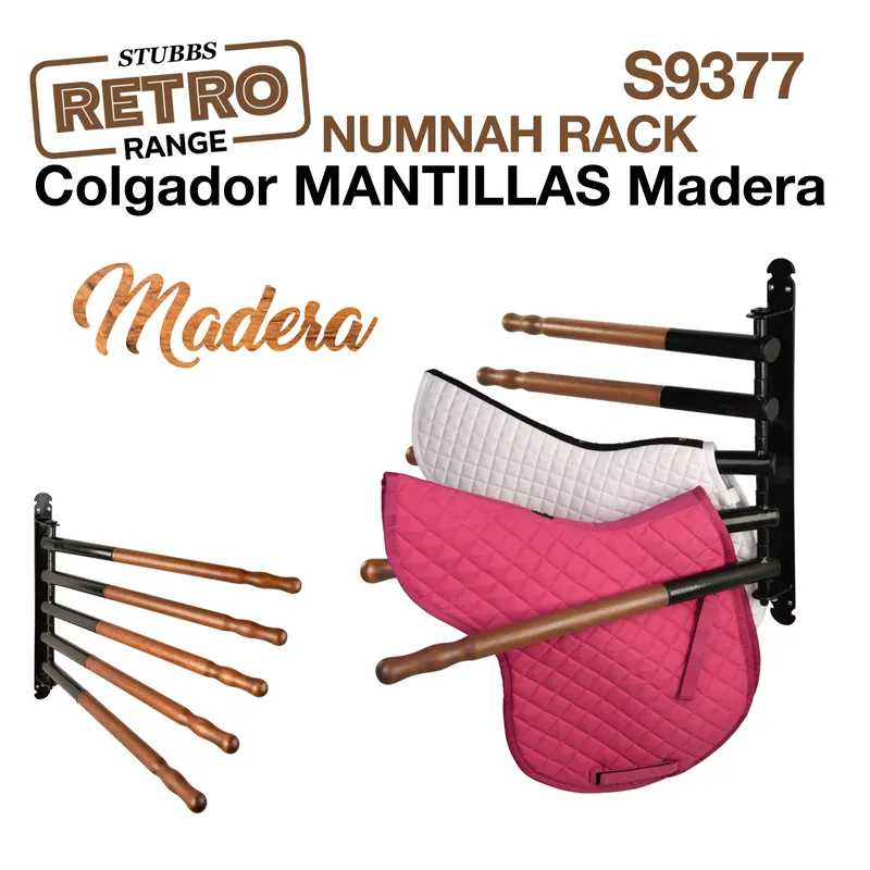 Colgador de mantillas de madeira com 5 braços e base metálica preta