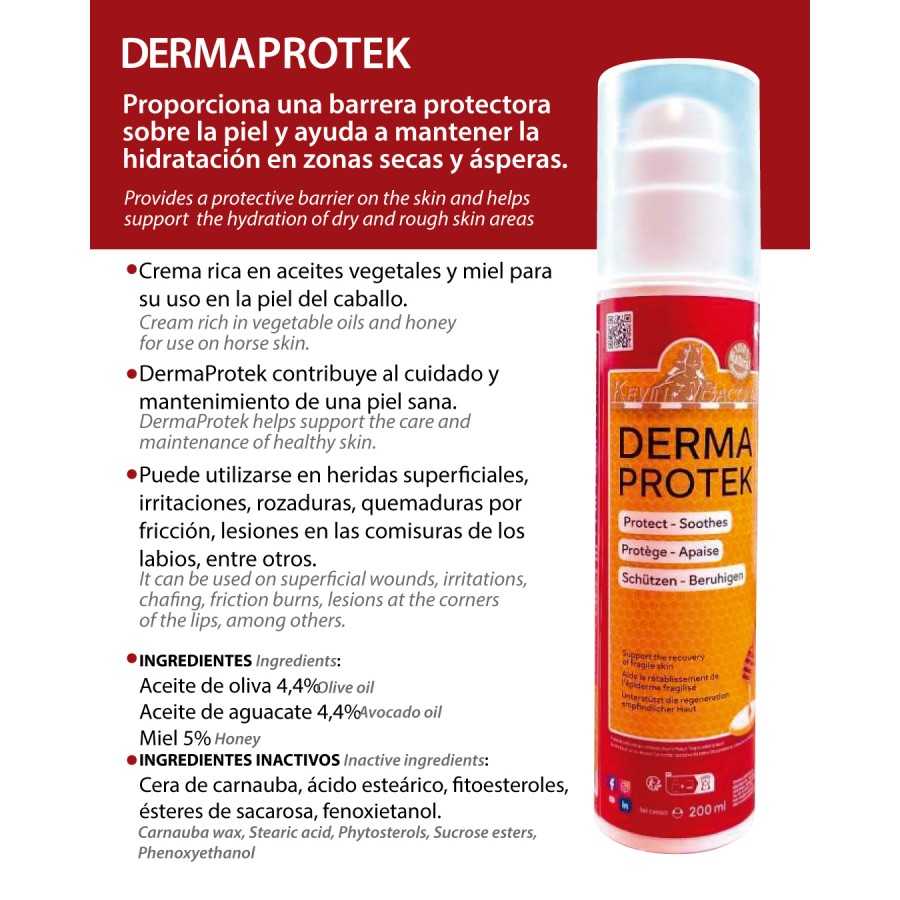 Frasco de spray DERMAPROTEK para cuidado da pele do cavalo com rótulo laranja e vermelho