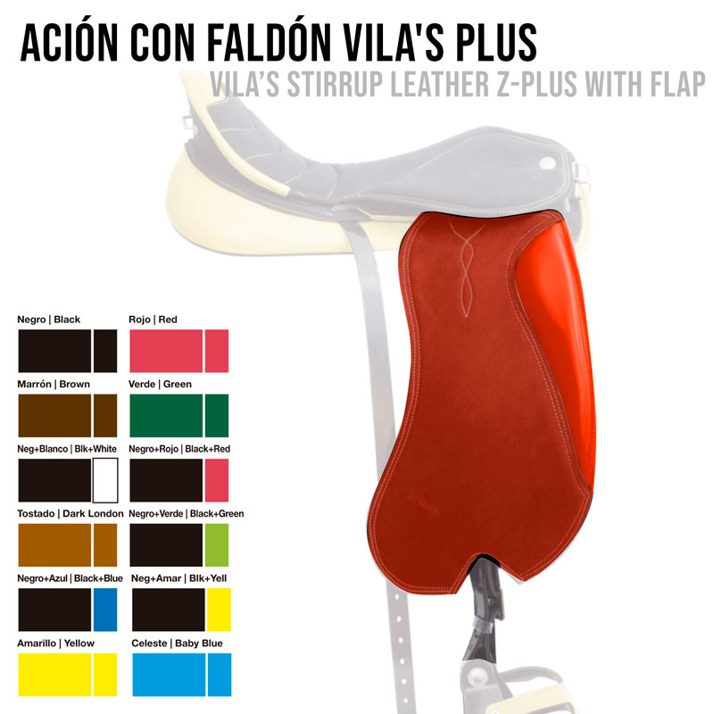 Sela de equitação vermelha com faldão em couro, mostra opções de cores e texto promocional em espanhol.