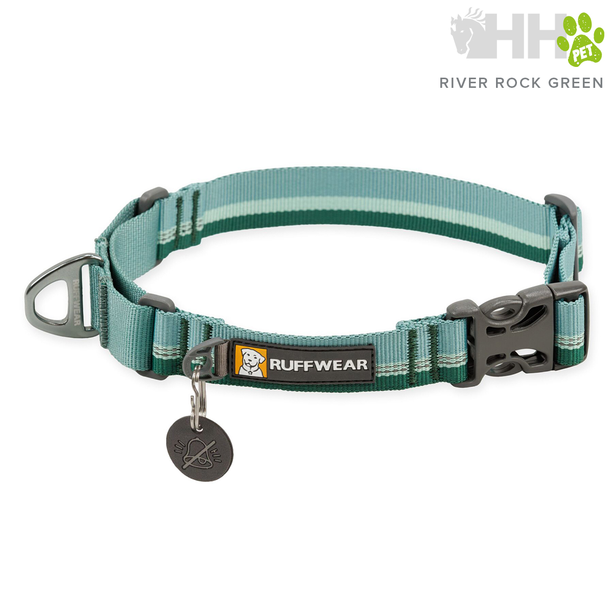 Coleira verde para cão com fivela preta e pendente metálico, marca RUFFWEAR, fundo branco