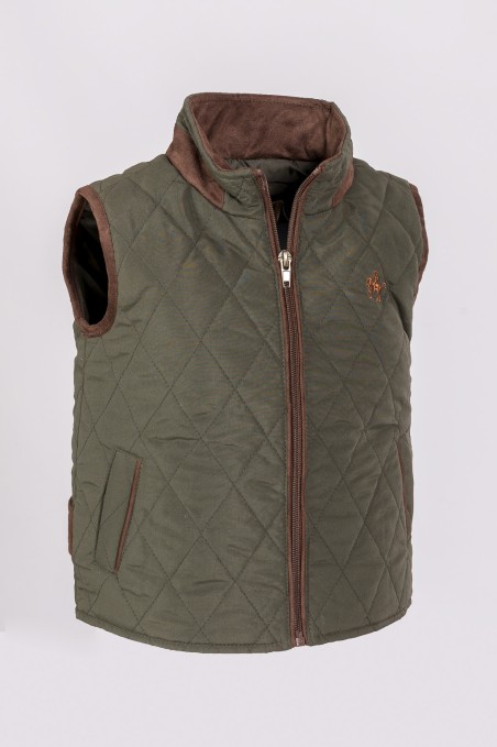Colete acolchoado verde com fecho de correr castanho e gola alta castanha