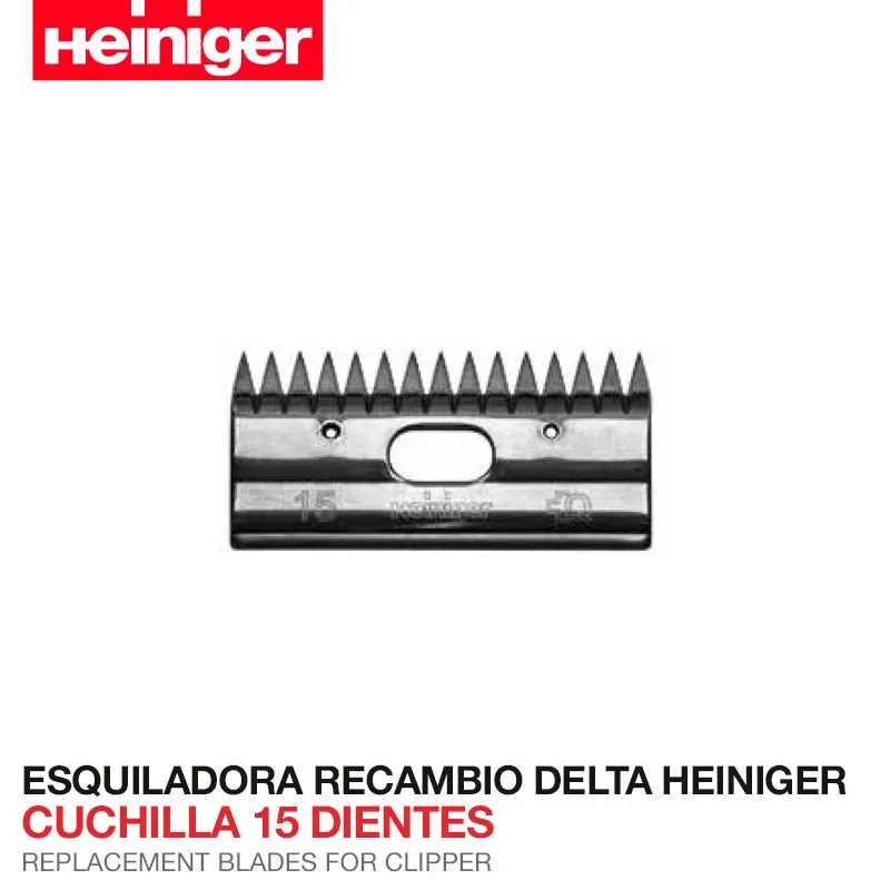 Cuchilla metálica de 15 dientes para esquiladora sobre fondo blanco con logo Heininger rojo.