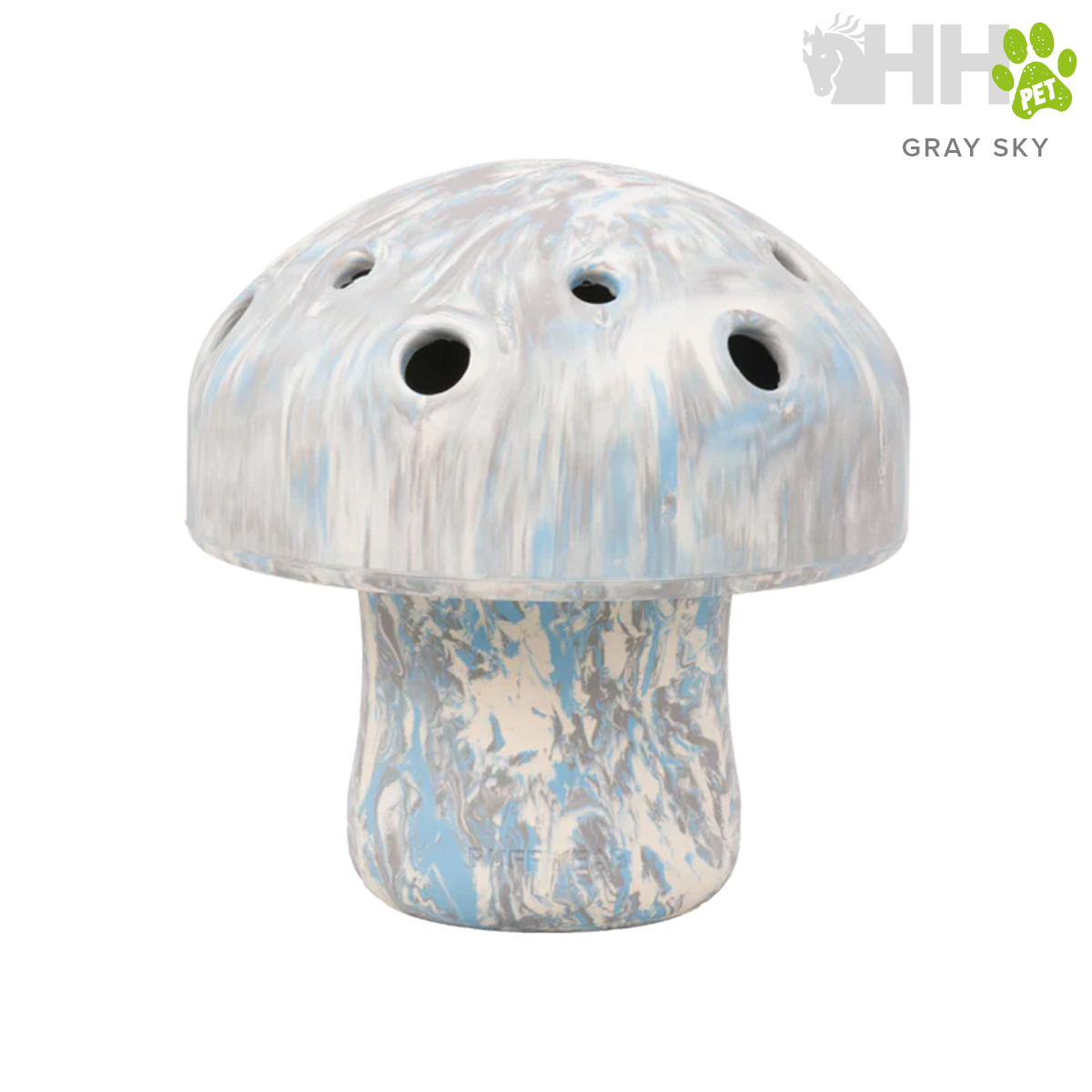 Produto cerâmico em forma de cogumelo com padrão marmoreado azul e cinzento.