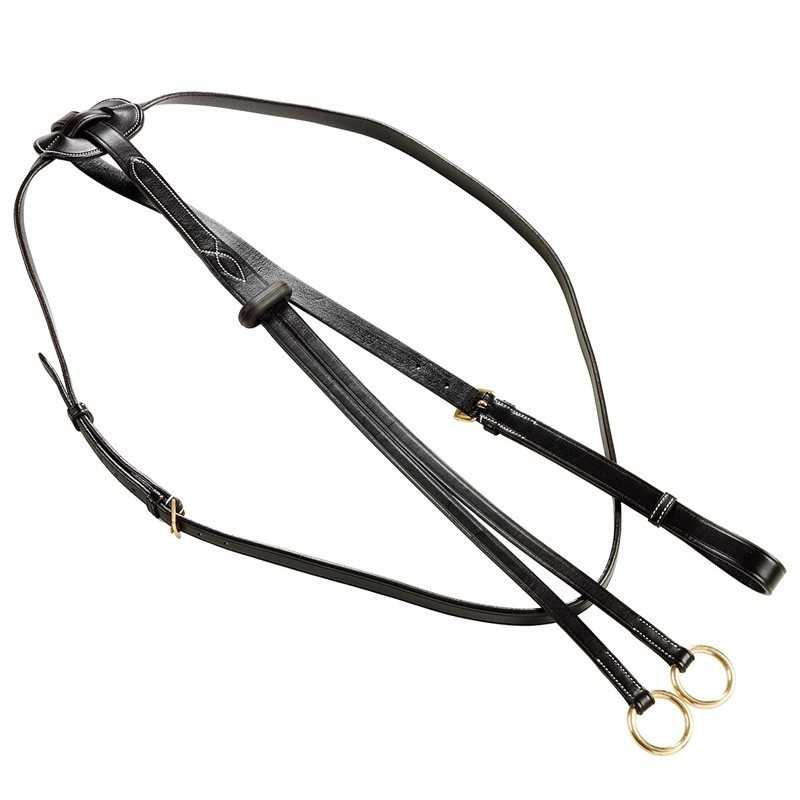 Cabeçada de cavalo em pele preta com argolas metálicas douradas