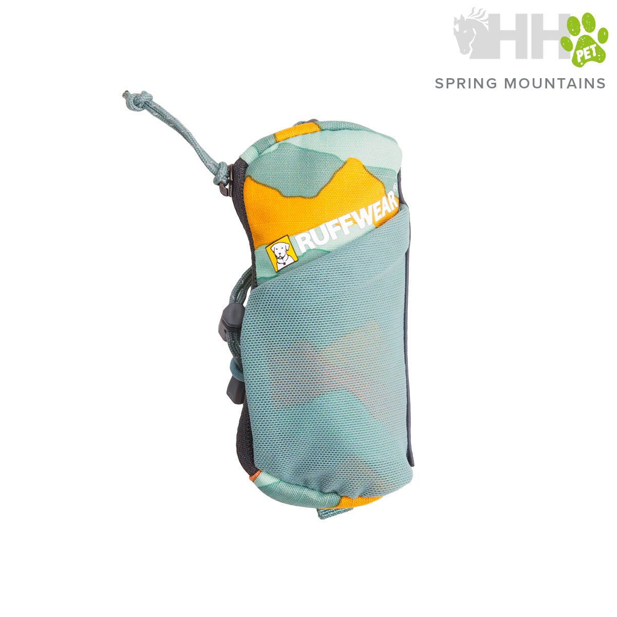 Bolsa para acessórios Ruffwear em tecido camuflado verde e laranja com rede cinza