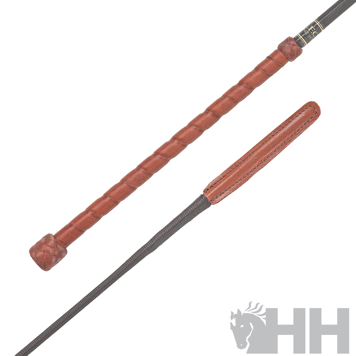 Chibata de equitação com pega e punho em couro castanho e cabo fino preto