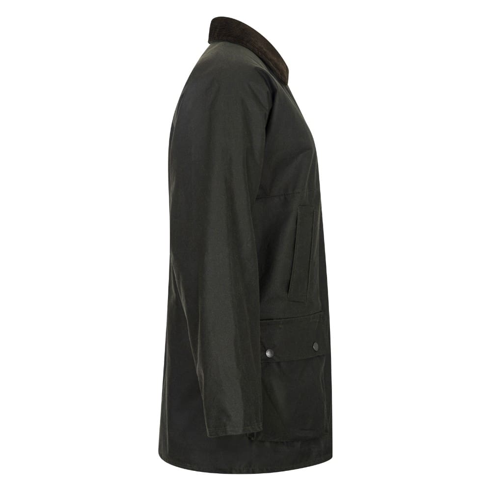 Casaco masculino verde-escuro com gola castanha e dois bolsos frontais.